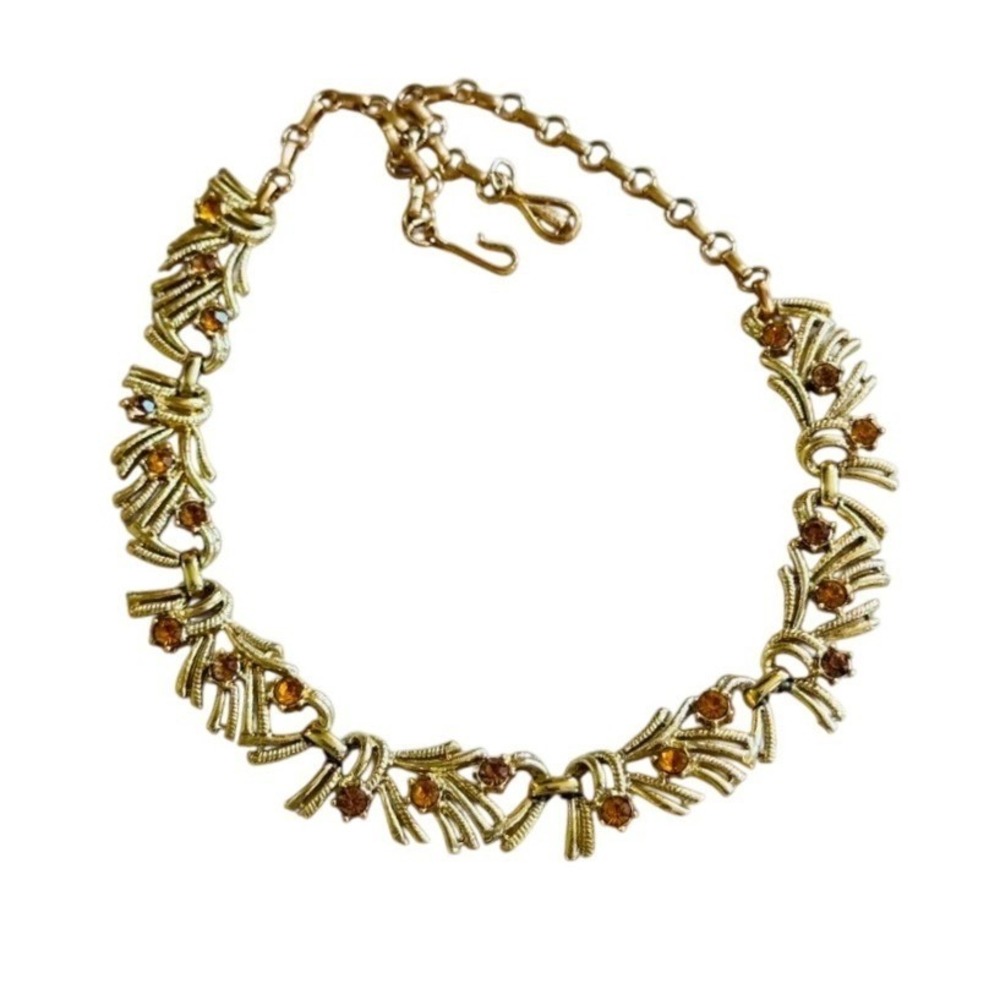 Ribbon Party Necklace VTG Coro Crystal Rhinestone Gold Tone Choker Prom 50s Glam
